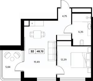 2-к квартира, вторичка, 49м2, 6/16 этаж