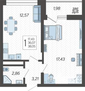 1-к квартира, вторичка, 38м2, 8/19 этаж