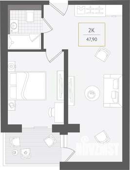 2-к квартира, вторичка, 48м2, 9/10 этаж