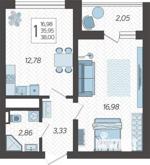 1-к квартира, строящийся дом, 38м2, 2/19 этаж