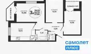 3-к квартира, вторичка, 68м2, 15/24 этаж