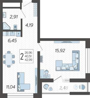 2-к квартира, строящийся дом, 43м2, 11/19 этаж