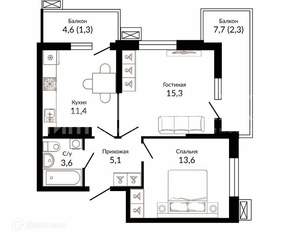2-к квартира, вторичка, 51м2, 6/15 этаж