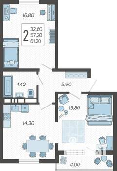 2-к квартира, строящийся дом, 61м2, 2/10 этаж