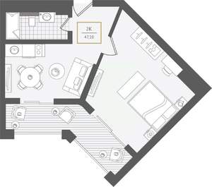 2-к квартира, вторичка, 47м2, 5/10 этаж