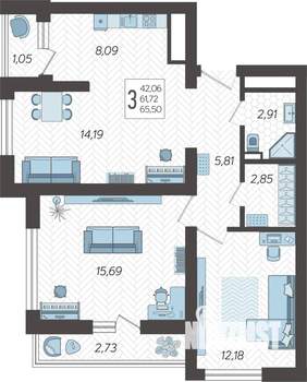 3-к квартира, вторичка, 67м2, 8/19 этаж