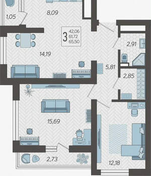 3-к квартира, сданный дом, 66м2, 9/19 этаж