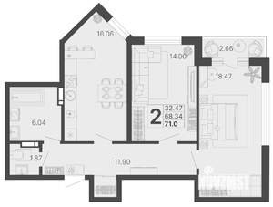 2-к квартира, строящийся дом, 68м2, 13/20 этаж