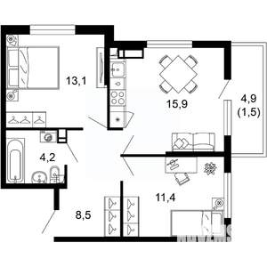 2-к квартира, вторичка, 55м2, 12/17 этаж