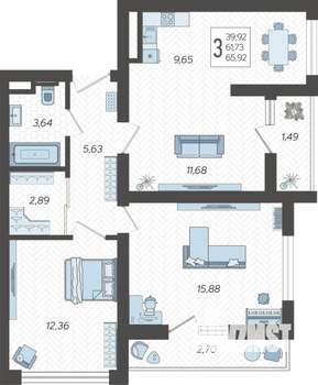 3-к квартира, вторичка, 67м2, 4/19 этаж