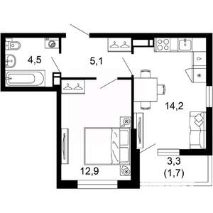 1-к квартира, вторичка, 38м2, 5/17 этаж