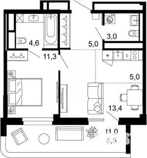 1-к квартира, вторичка, 48м2, 4/6 этаж