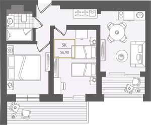 3-к квартира, вторичка, 57м2, 9/10 этаж