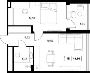 2-к квартира, вторичка, 46м2, 6/16 этаж