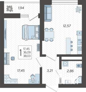 1-к квартира, строящийся дом, 39м2, 18/19 этаж