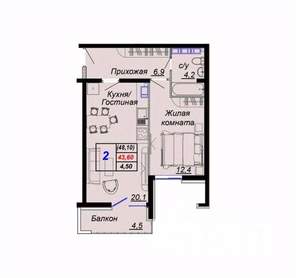 2-к квартира, вторичка, 48м2, 6/15 этаж