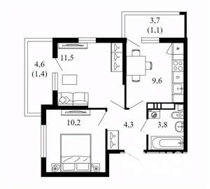 2-к квартира, вторичка, 42м2, 8/17 этаж