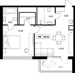 2-к квартира, вторичка, 53м2, 6/16 этаж