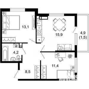 2-к квартира, вторичка, 55м2, 15/17 этаж
