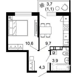 1-к квартира, вторичка, 30м2, 9/12 этаж