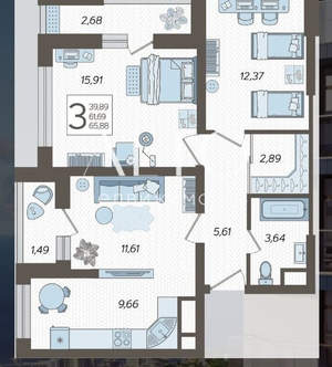 3-к квартира, вторичка, 65м2, 14/19 этаж