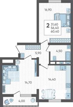 2-к квартира, вторичка, 60м2, 11/16 этаж
