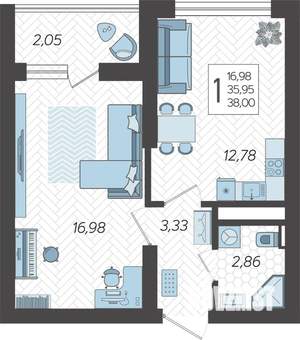 1-к квартира, вторичка, 39м2, 12/19 этаж