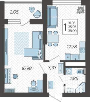 1-к квартира, строящийся дом, 38м2, 6/19 этаж