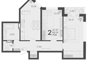2-к квартира, вторичка, 68м2, 12/20 этаж