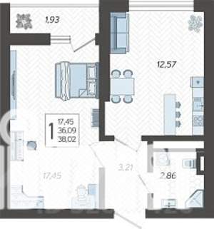 1-к квартира, строящийся дом, 38м2, 16/19 этаж