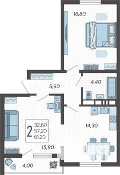 2-к квартира, строящийся дом, 61м2, 4/10 этаж
