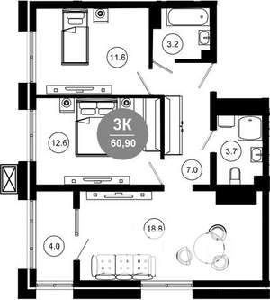 3-к квартира, вторичка, 61м2, 3/10 этаж