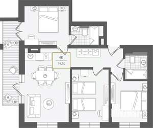 4-к квартира, строящийся дом, 80м2, 7/10 этаж