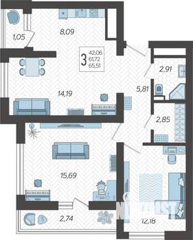 3-к квартира, строящийся дом, 66м2, 19/19 этаж