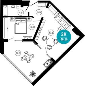 2-к квартира, строящийся дом, 57м2, 7/10 этаж