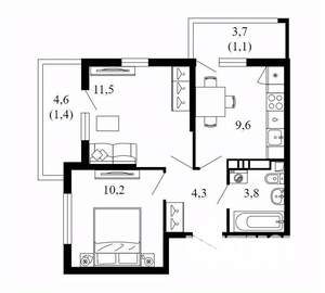 2-к квартира, вторичка, 42м2, 10/17 этаж