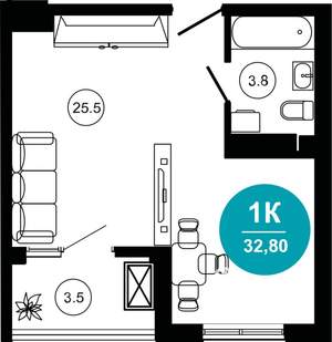 1-к квартира, строящийся дом, 33м2, 7/10 этаж