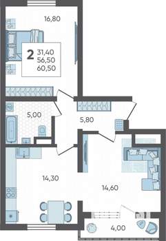 2-к квартира, строящийся дом, 61м2, 1/16 этаж