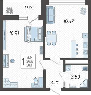 1-к квартира, вторичка, 38м2, 10/19 этаж