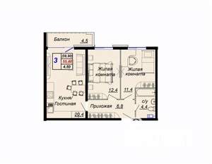 2-к квартира, вторичка, 59м2, 14/15 этаж