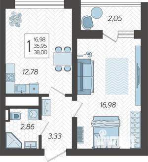1-к квартира, строящийся дом, 38м2, 6/19 этаж