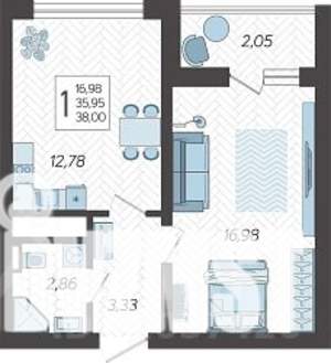 1-к квартира, строящийся дом, 39м2, 11/19 этаж