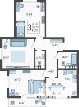 3-к квартира, вторичка, 82м2, 3/10 этаж