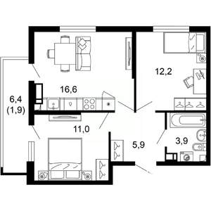 2-к квартира, вторичка, 52м2, 9/17 этаж