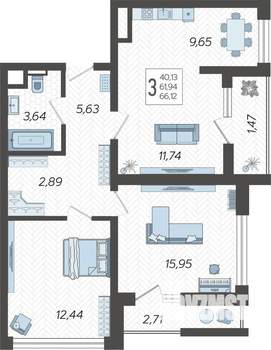 3-к квартира, строящийся дом, 66м2, 4/19 этаж