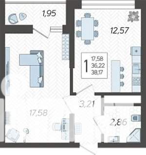1-к квартира, строящийся дом, 38м2, 6/19 этаж