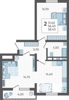 2-к квартира, строящийся дом, 60м2, 7/16 этаж
