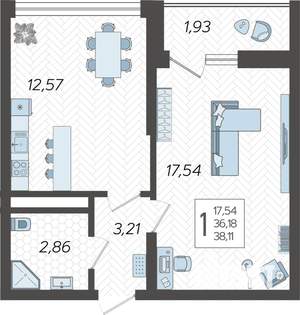 1-к квартира, строящийся дом, 38м2, 13/19 этаж