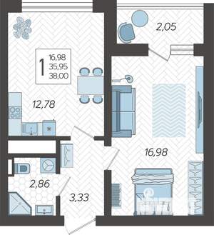 1-к квартира, строящийся дом, 38м2, 7/19 этаж