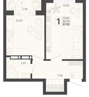 1-к квартира, вторичка, 36м2, 14/20 этаж